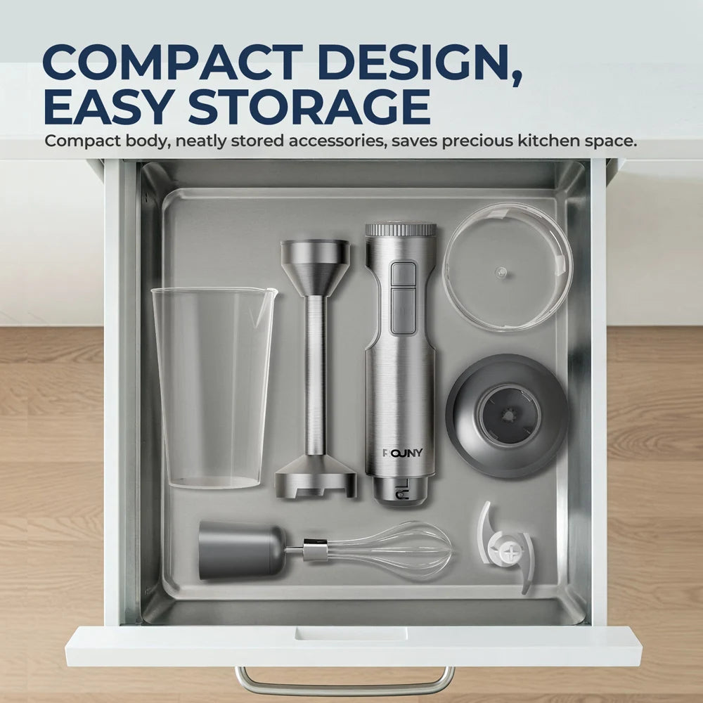 Hand Immersion Blender Powerful 4-in-1,Stainless Steel Stick Food Mixer,700ml Mixing Beaker,500ml Processor,Whisk, 1200W MAX