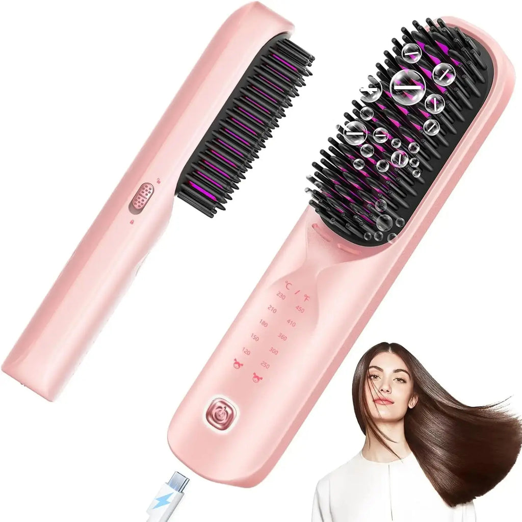 Cordless Hair Straightener Brush 10,000mAh Portable 300M Negative Ions for Frizz-Free Shine Fast Heating, Gift for Women