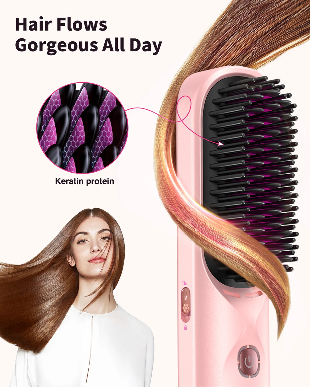 Cordless Hair Straightener Brush 10,000mAh Portable 300M Negative Ions for Frizz-Free Shine Fast Heating, Gift for Women